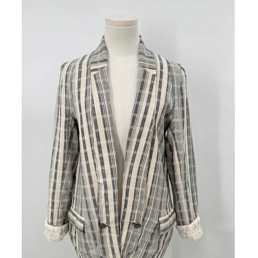Anthropologie Elevenses Ivory Black Stripe Jacket Cotton Blazer Crochet Cuffs S